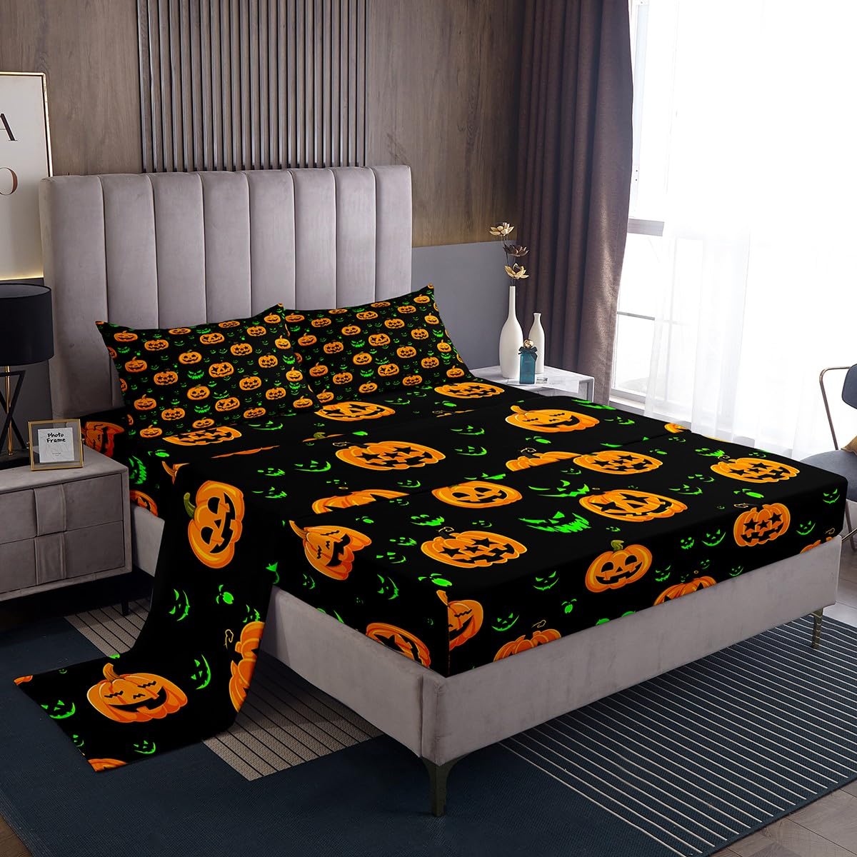 Halloween Bed Sheet Set 3pcs Twin Size, Yellow Pumpkin Lantern and Green Gothic Face Print Fitted Sheet + 1 Flat Sheet + 1 Pillowcase, Holiday Theme Bedding Set for Kids Boys Girls Bedroom