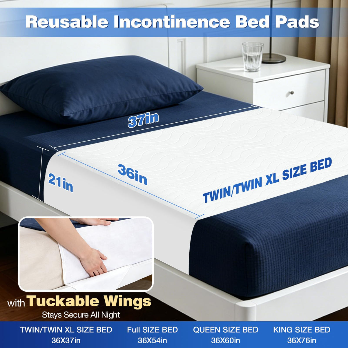 Xfire Bed Pads Washable Waterproof, Heavy Absorbency Reusable Bed Underpads with Tuckable Wings, Incontinence Bed Pads for Adults and Kids, Mattress Protector, Fits Twin/Twin XL Size Bed