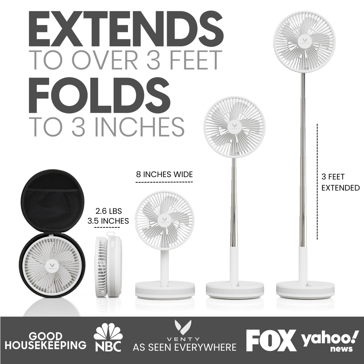 VENTY Portable Fan - Wireless Battery Operated Fan - 4 Speeds - LED Lighting - Carry Case & Remote Control - Cruise Travel - Outdoor Travel RV Power Bank With USB-C Port (White with Case)