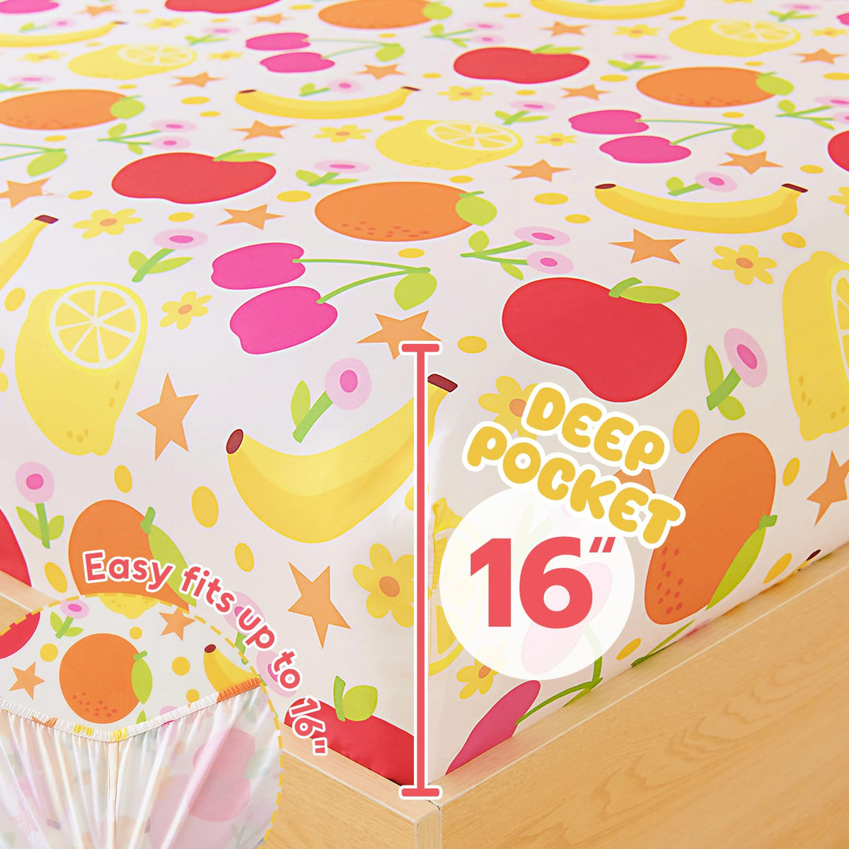 Homilay Full Sheet Set Kids - Banana Orange Lemon Cherry 4 Pieces Soft Microfiber Cartoon Style Bedsheets for Boys Girls Teens, Oeko TEX Breathable 15 Inch Deep Pocket Sheets(Fruit)