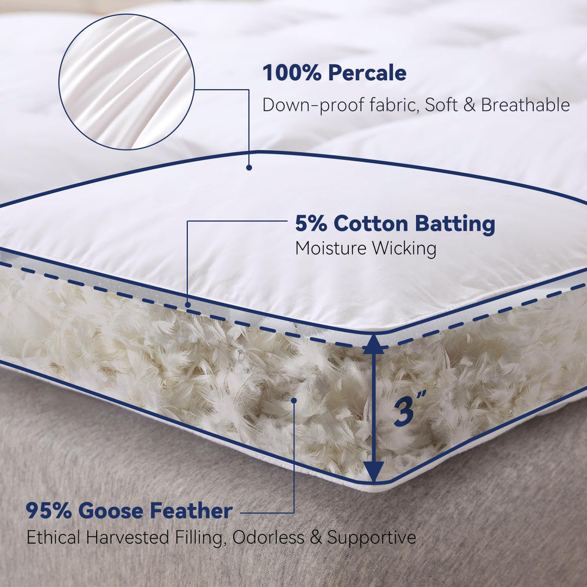 LeWinBedding 3 Inch White Goose Feather Mattress Topper,Queen Feather Bed Topper,Mattress Cover with Straps,Ultra Soft Pillowtop,100% Cotton Fabric(60”x80”)