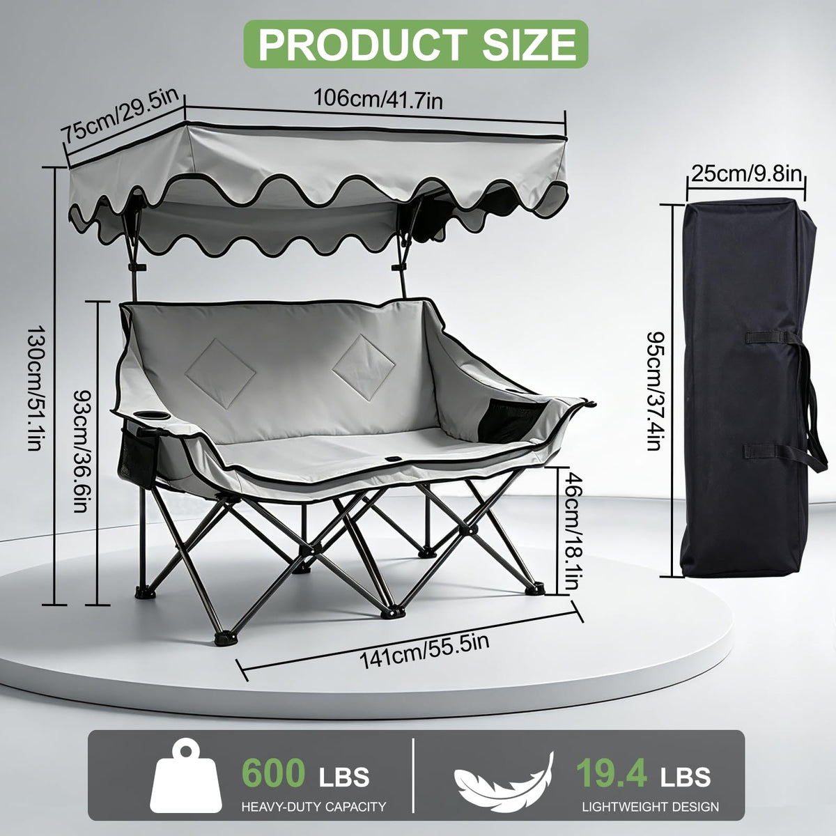 Double Camping Chair with Canopy Shade, Portable Beach Chair with 2 Cup Holders and Bags, Folding Heavy Duty Oversized Double Chairs with Side and Back Pockets, Outdoor Loveseat Chairs for Patio, Lawn
