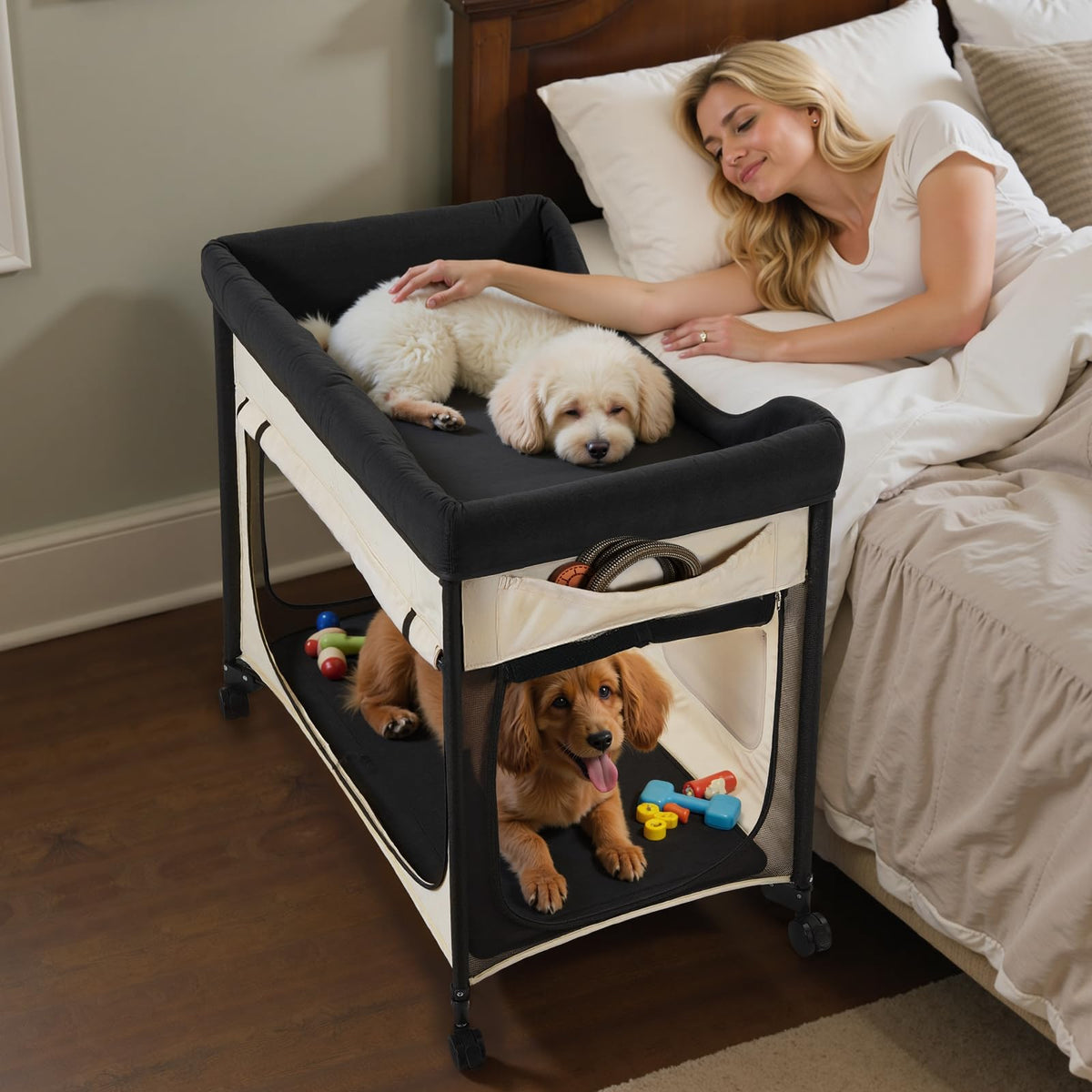 VEVOR Bedside Lounge Pet Bed, Foldable Bunk Dog Bed with 600D Oxford Cloth and Dutch Velvet, Portable Raised Cot with Wheels, Side Storage Bags, and Carry Bag for Cats & Dogs, L, Beige