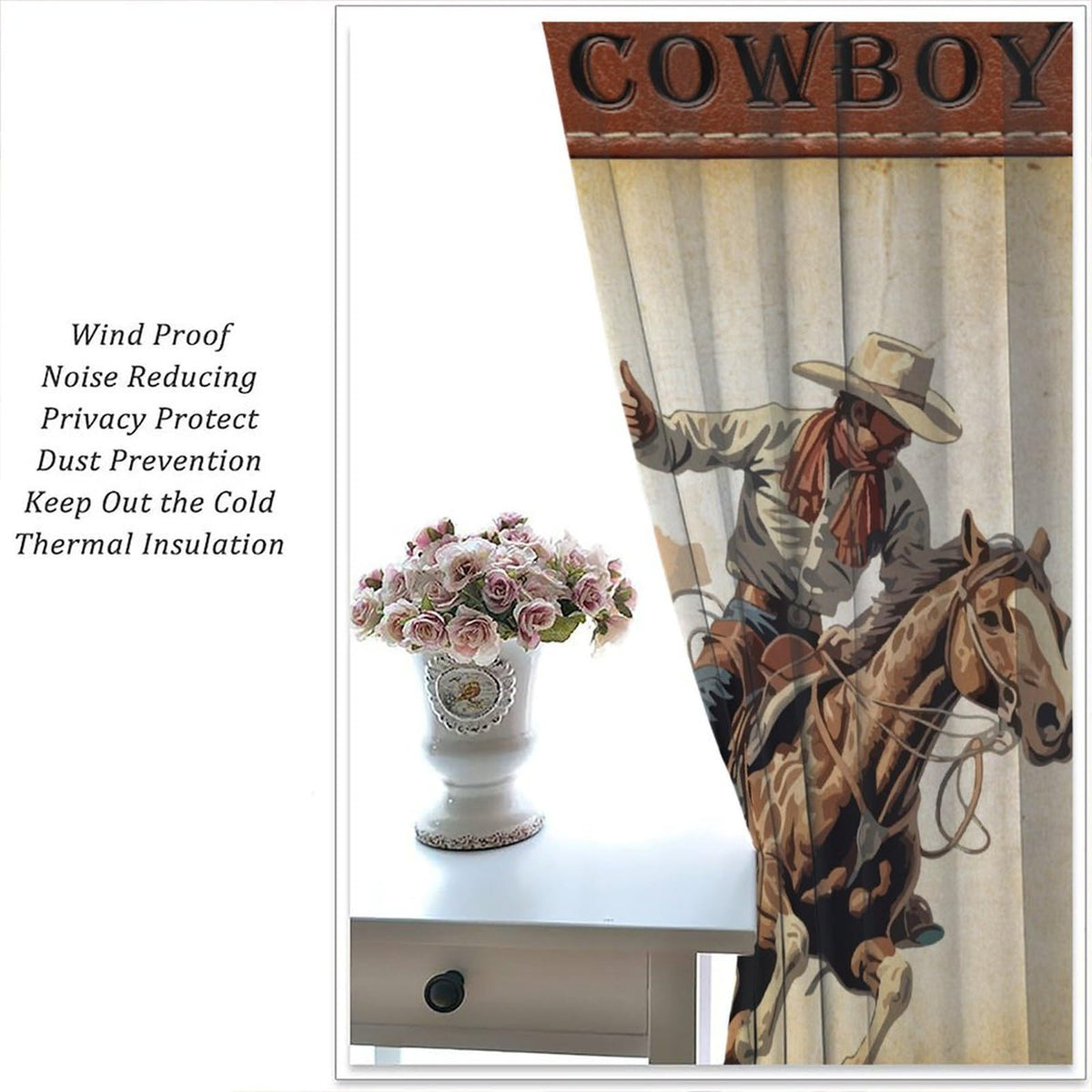 LOMADIA Cowboy Horse Blackout Curtain, Rustic Old Western Farm Retro Farmhouse Cowboy Pattern Drapes Window 2 Panel Rod Pocket Curtain for Kitchen Living Room Bedroom Deocr 42x45in