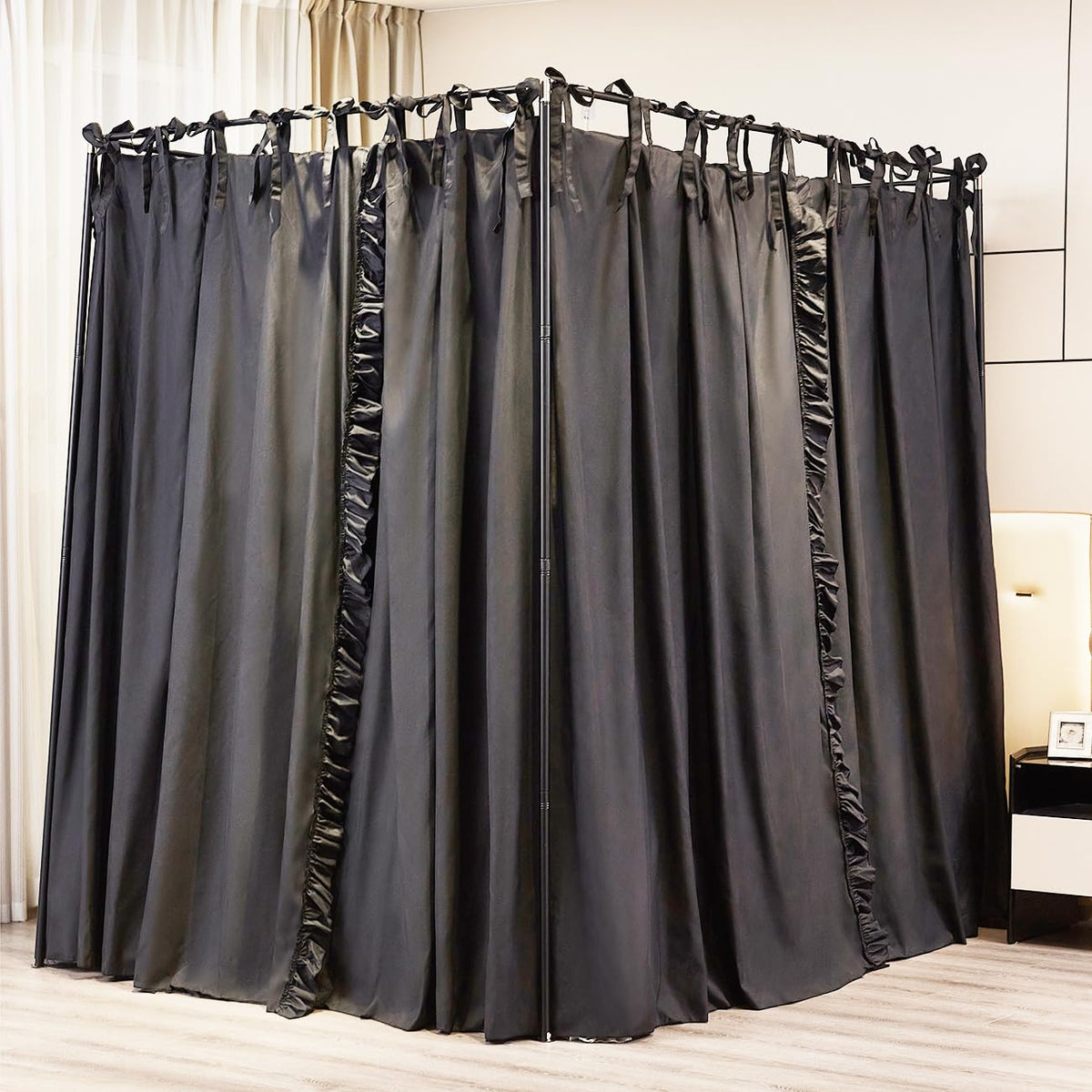 Akiky 4 Corners Post Canopy Bed Curtains Double Layer Cozy Drape Netting 4 Opening Mosquito Net Mesh for Girls Bedroom Decoration(Black,King)