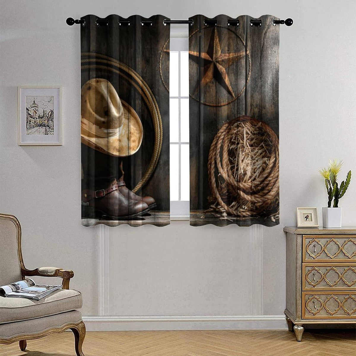 Kazynee Western Farmhouse Room Darkening Blackout Window Curtains with Grommets,Rustic Cowboy Leather Boots Texas Star Hat on Wooden Energy Efficient Window Treatment 2 Panels 63L x 21W
