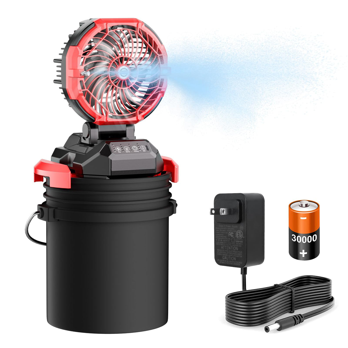 Portable Misting Fan, 30000mAh Rechargeable Battery Powered Floor Cooling Fan with 4 Strong Winds, 4 Spray Mister, Adjustable Base for 10-13in Bucket for Camping, Beach, Patio (No Bucket)- Red