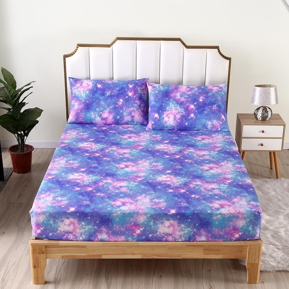 SDIII Colorful Galaxy Fitted Sheet Twin with 2 Pillowcases, Deep Pocket Soft Microfiber Space Bed Sheet Twin Size for Girls Boys Kids and Teens
