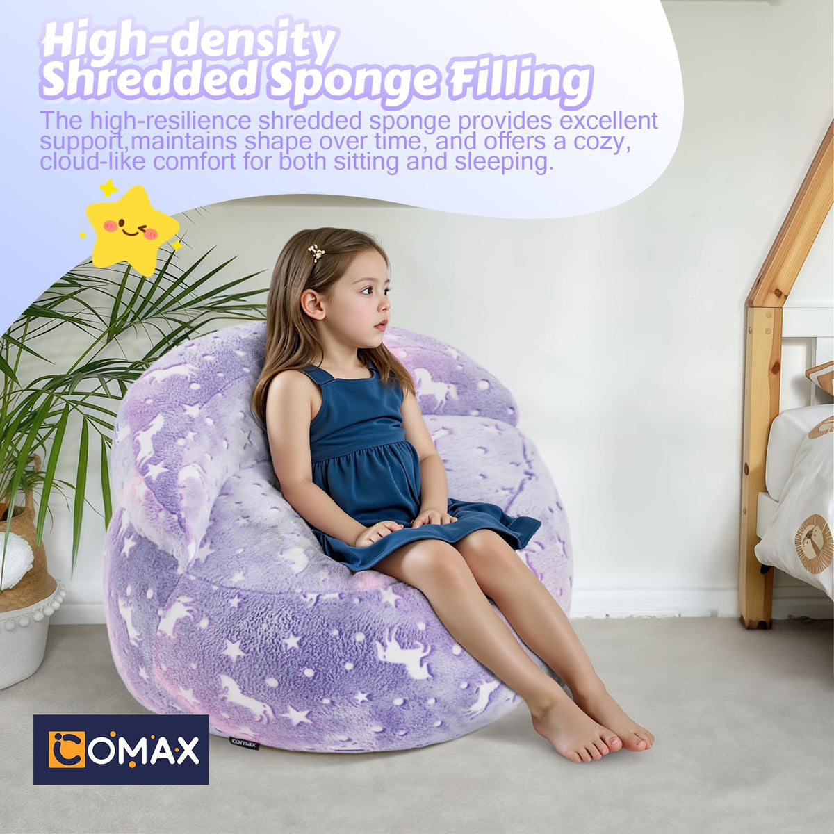 COMAX Bean Bag Chair for Kids, Dinosaur Convertible Toddler Beanbag Bed, Children Bean Chair Stuffed to Floor Mattress with Filler, Purple Unicorn