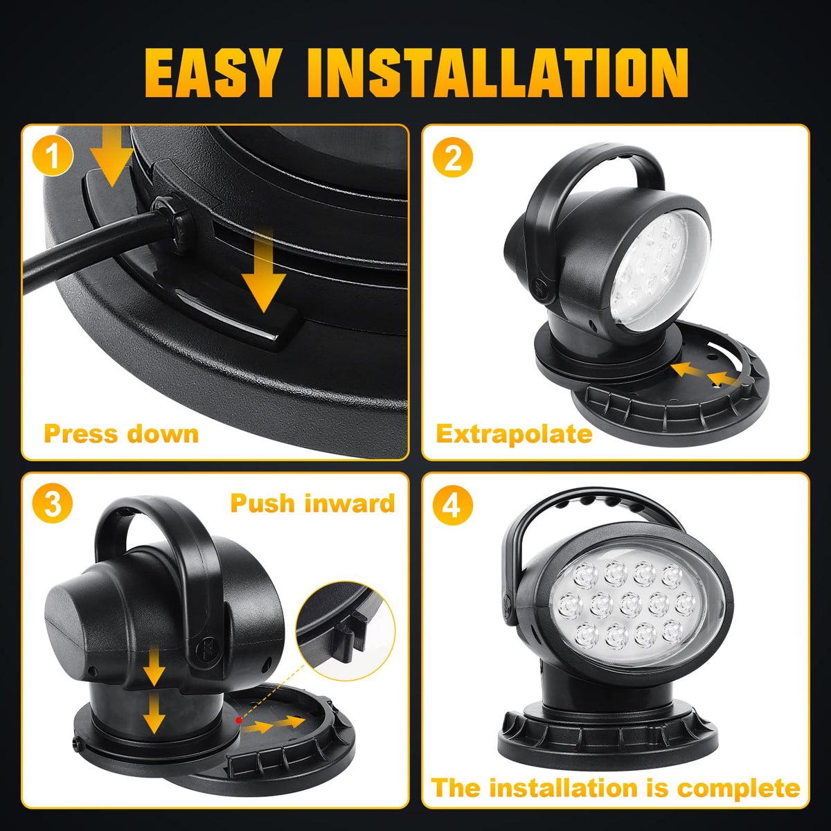 AUXTINGS 360 Degree LED Spotlight Search Light LED Rotating Remote Control Work Light with Magnetic Base for SUV Boat Home Security Protection Emergency Lighting Farm Field Garden