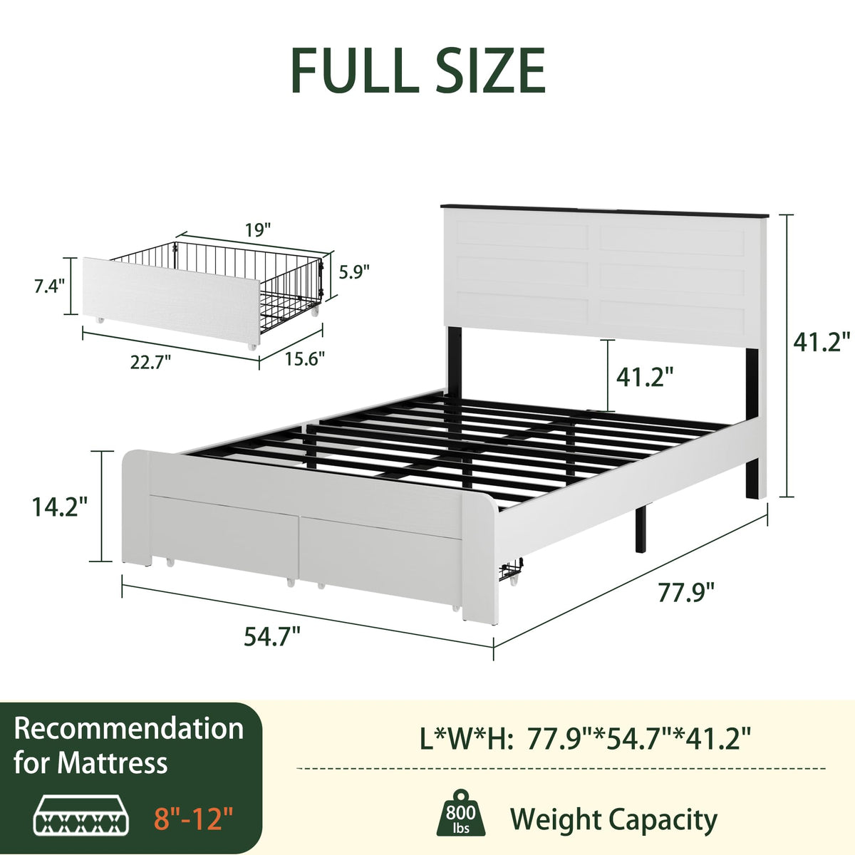 SAMTRA Wooden Bed Frame with Storage Drawers, LED Headboard & Charging Station, Wood Platform Bed Frame with Tall Headboard, No Box Spring Needed, Full Size, White