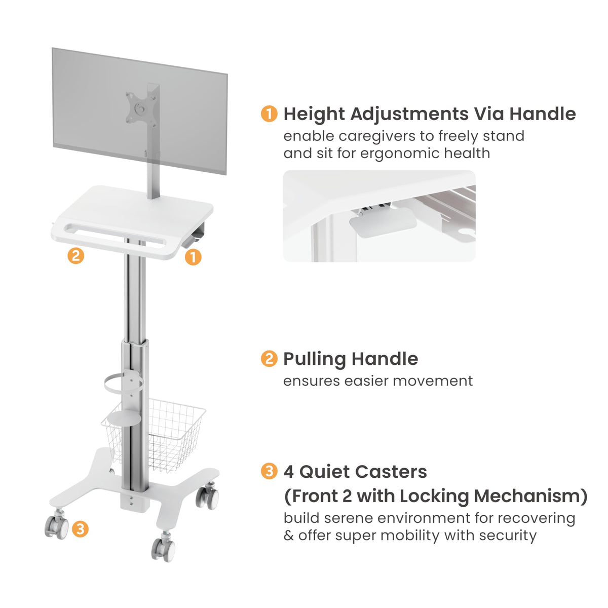 Mount Plus MB-C10 Medical Trolley Cart For Monitor Desktop With Keyboard Table, Basket, Wipe Holder, Scanner Holder For Hospital Clinic Dental Office Home Office | Height Adjustable Mobile Workstation