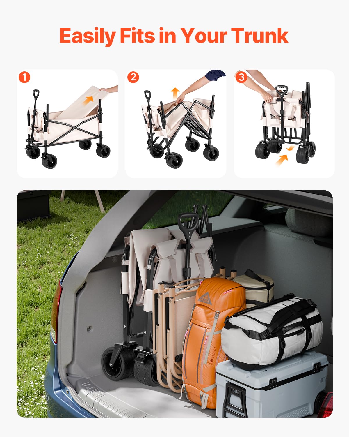 VEVOR 3-in-1 550lbs/220L Large Collapsible Folding Wagon, Convert to Bench, Foldable Beach Wagon with Wheels for Sand, Outdoor Utility Wagon for Groceries, Camping, Sports, Shopping