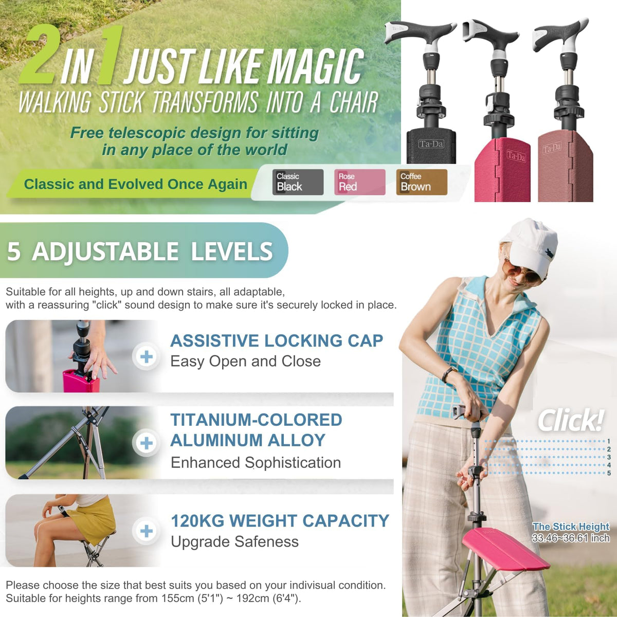 Ta-Da Chair Series 1 Pro, Portable Trekking Hiking Pole, Folding Walking Stick with Seat, Walking Cane with Chair, Foldable Chair, Lightweight Aluminum, Easy Carry and Storage, Anti-Slip, Black