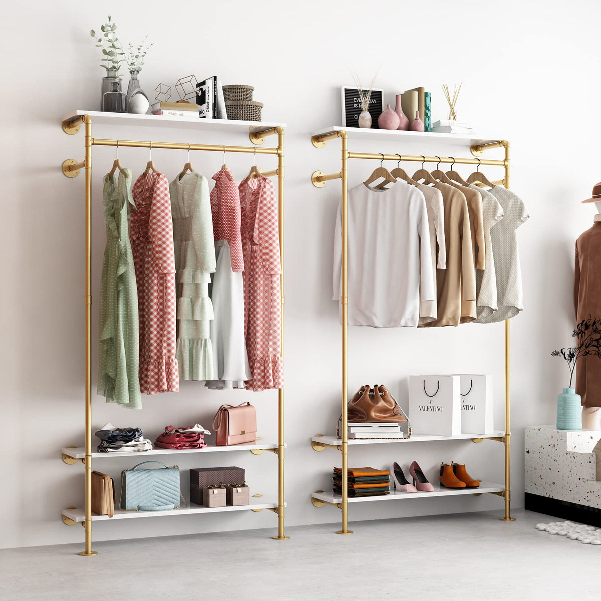 Smlttel Gold Wall Clothing Racks with White Shelves, Wall Mounted Gold Clothes Rack for Hanging Rods，Heavy Duty Industrial Pipe Clothing Racks With Shelves Retail Display Garment Rack for Home