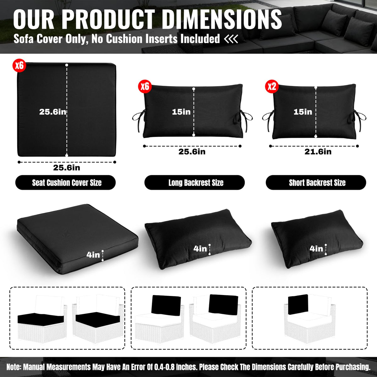 Cabubra 14PCS Outdoor Patio Furniture Cushion Covers, Waterproof & Sun-Resistant Zippered,Fit for Patio Furniture Sectional Sofas and Wicker Rocking Chairs,3 Sizes,Black. Covers Only