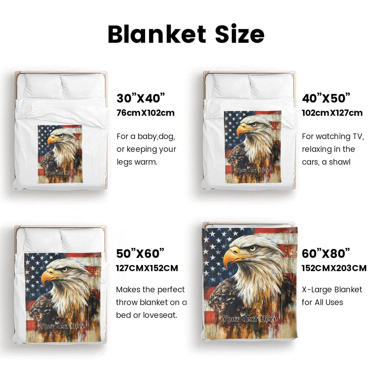 CUSFOU Eagle with America Flag Blanket, Personalized Blanket with Name for Sofa Couch, Independence Day, 4th of July Gifts, 30"x40"