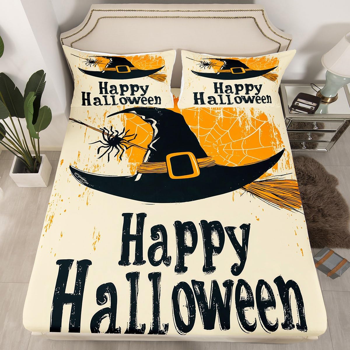 Feelyou Kids Happy Halloween Bedding Set Full Size, Witch Bed Sheet Set Boys Girls Spider Web Fitted Sheet Horror Decor Teens Bedroom Decor Lightweight Bed Set (No Flat Sheet)