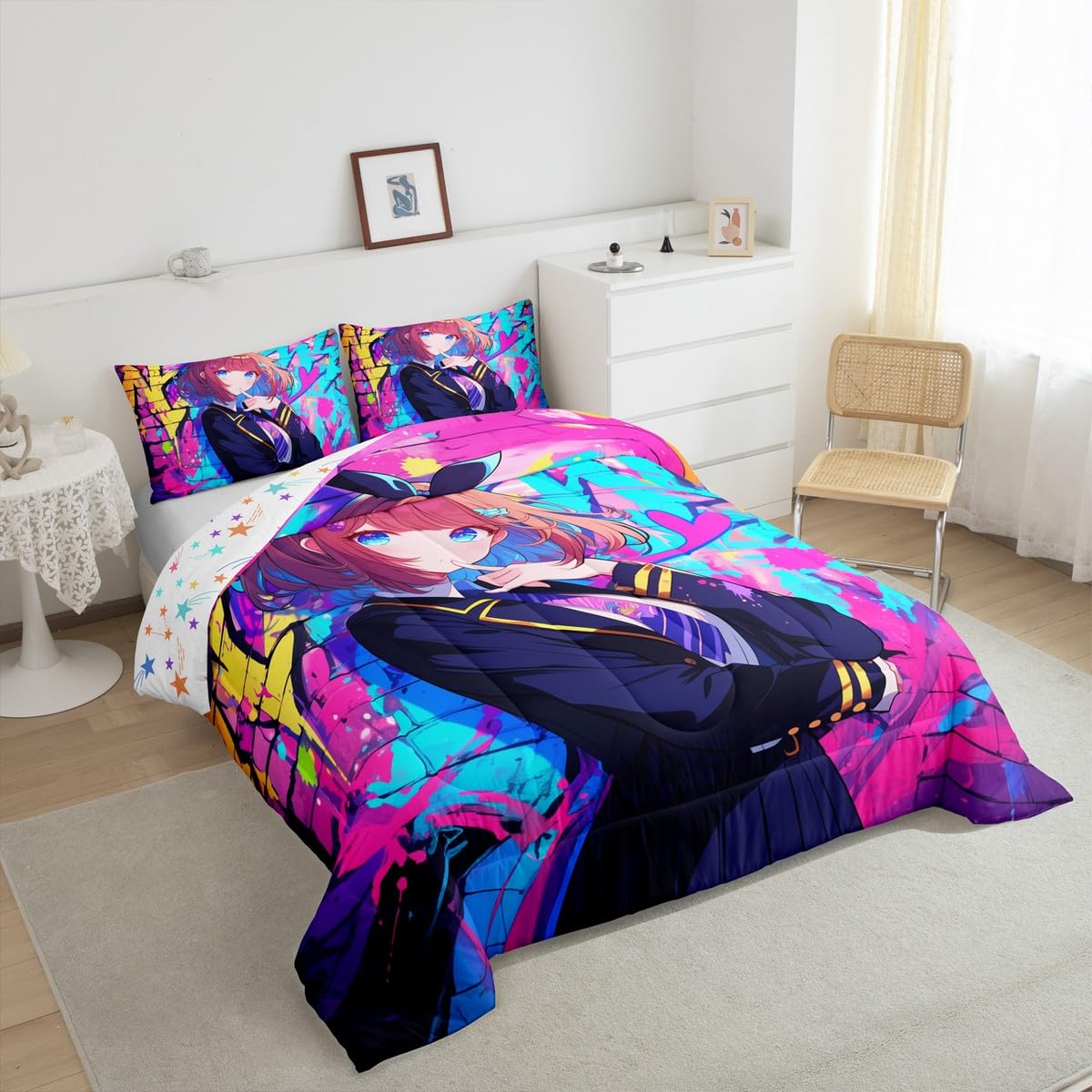 Erosebridal Girls Japanese Anime Comforter Set Twin, Kawaii Anime Girl Bedding Set Cartoon Girl Duvet Insert for Kids Teens Adult, Japanese Animation Sci Fi Style Quilt with 1 Pillow Case