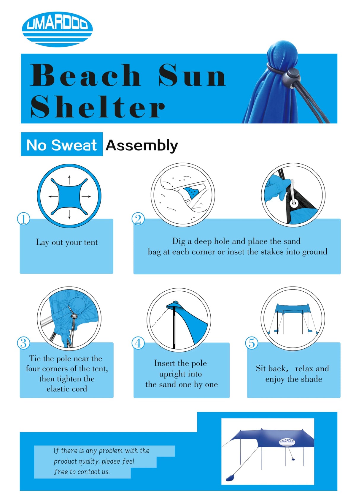 UMARDOO Family Beach Tent Canopy Sun Shade Portable 10×10FT, Large Wind Resistance Beach Sun Shelter Easy Setup with Packable Carry Bag for Outdoor Travel UPF 50+ (Blue)