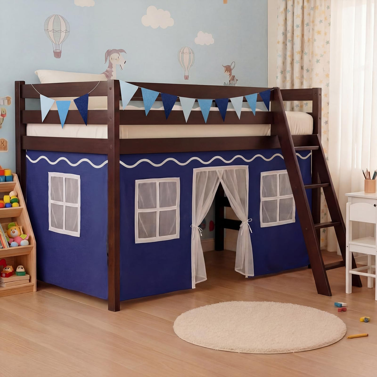 Breling 3 Panel Bunk Bed Curtains for Bottom Loft Bed Tent Set with Felt Flag Double-Layer Twin Bunk Curtains Playhouse Accessories for Boy Girl Bedroom(Blue and White,Classic)