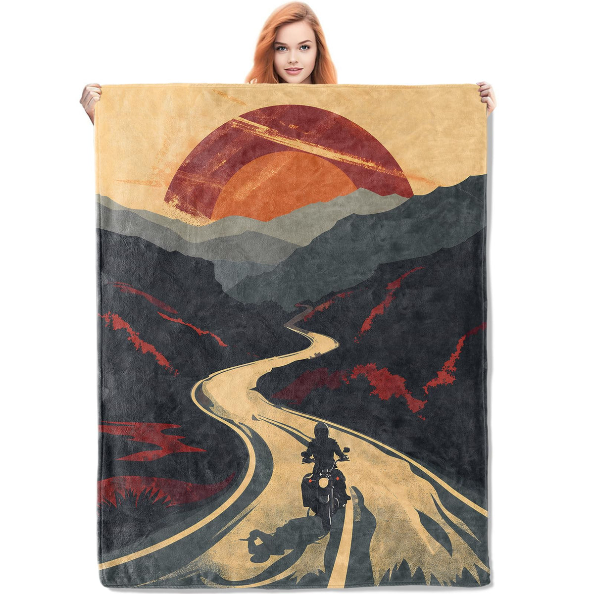 VANZEV Sunset Motorcycle Journey Blanket Gifts for Women, Adventure Road Trip Theme Flannel Blanket, Soft Warm Lightweight Throw Blankets for Bedding Sofa Couch Home Travel Decor 50" x 60"