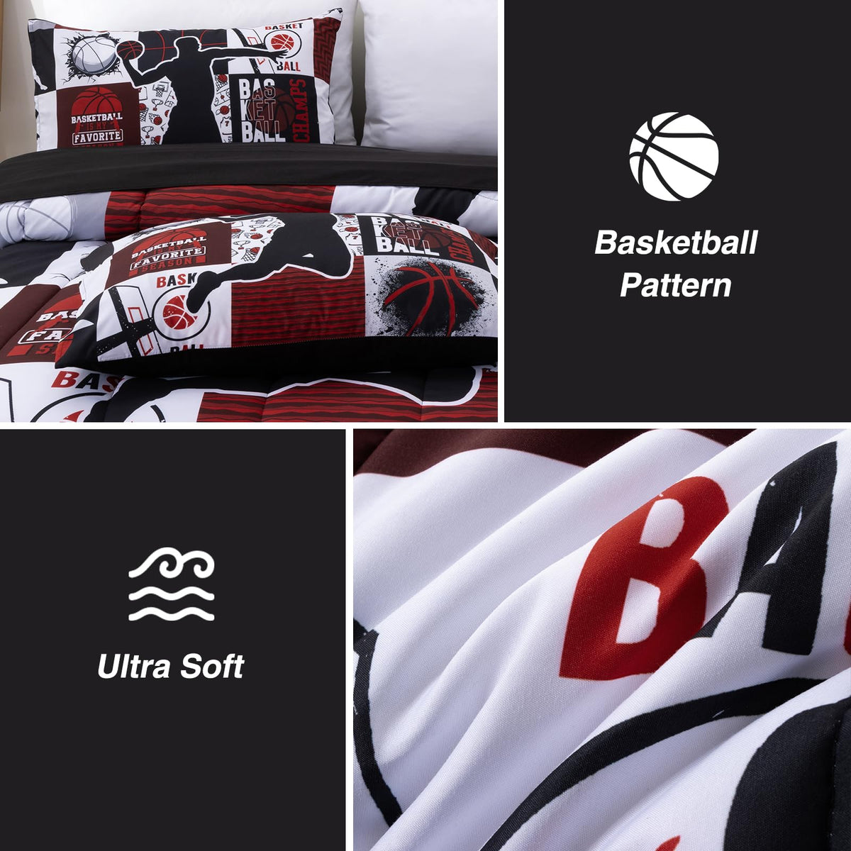 A Nice Night Sports Geometric Grid Baseketabll Patchwork Baskeball Printed for Boys Twin 6Pcs Bed in A Bag Comforter Bedding Set,Red
