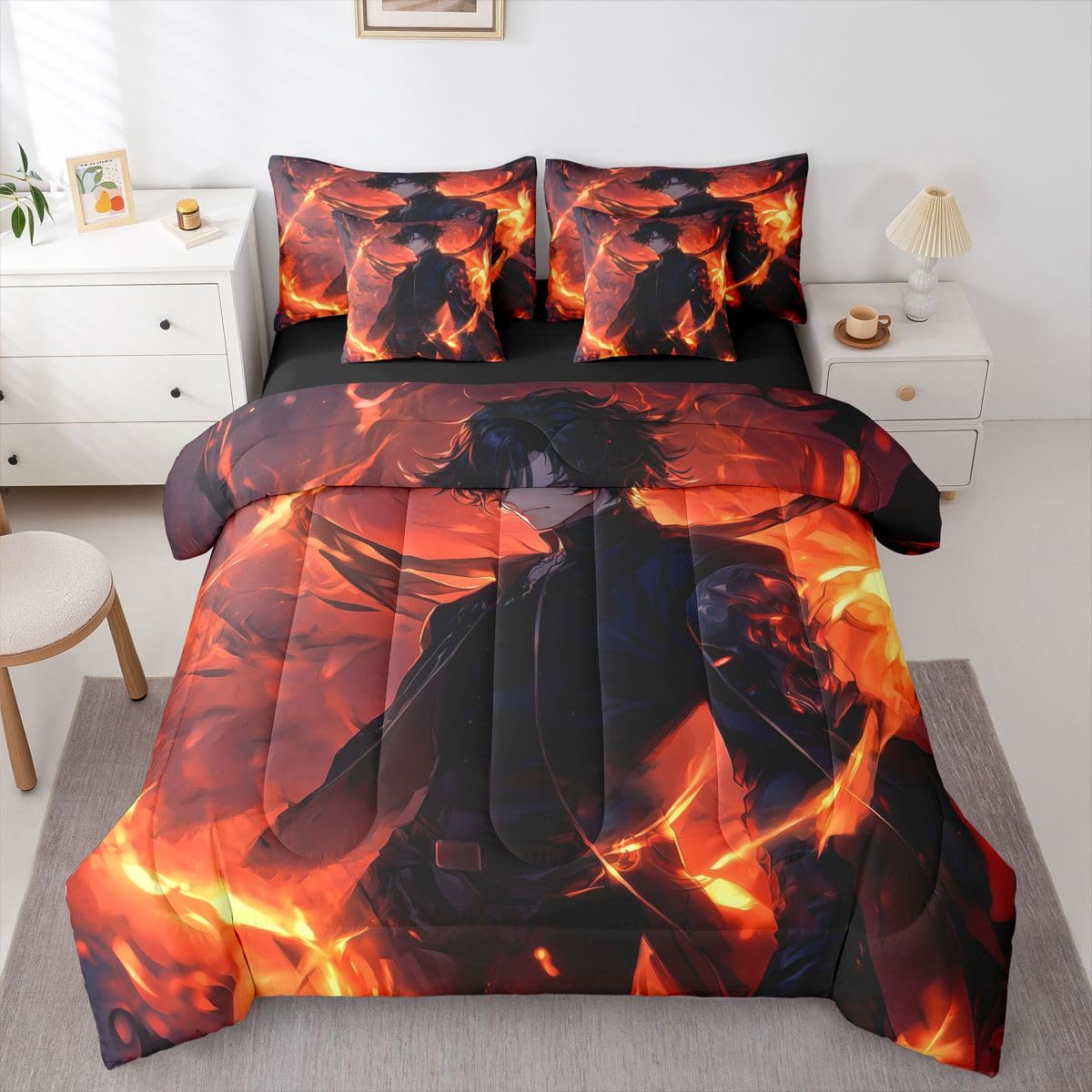 Erosebridal Anime Boy Twin Comforter Set 7 Piece,Japanese Anime Bedding Set with Sheets for Boys Teen Kids,Gaming Gamer Bed Set with Fitted Sheet,Flat Sheet,Pillowcases,Throw Pillow Covers