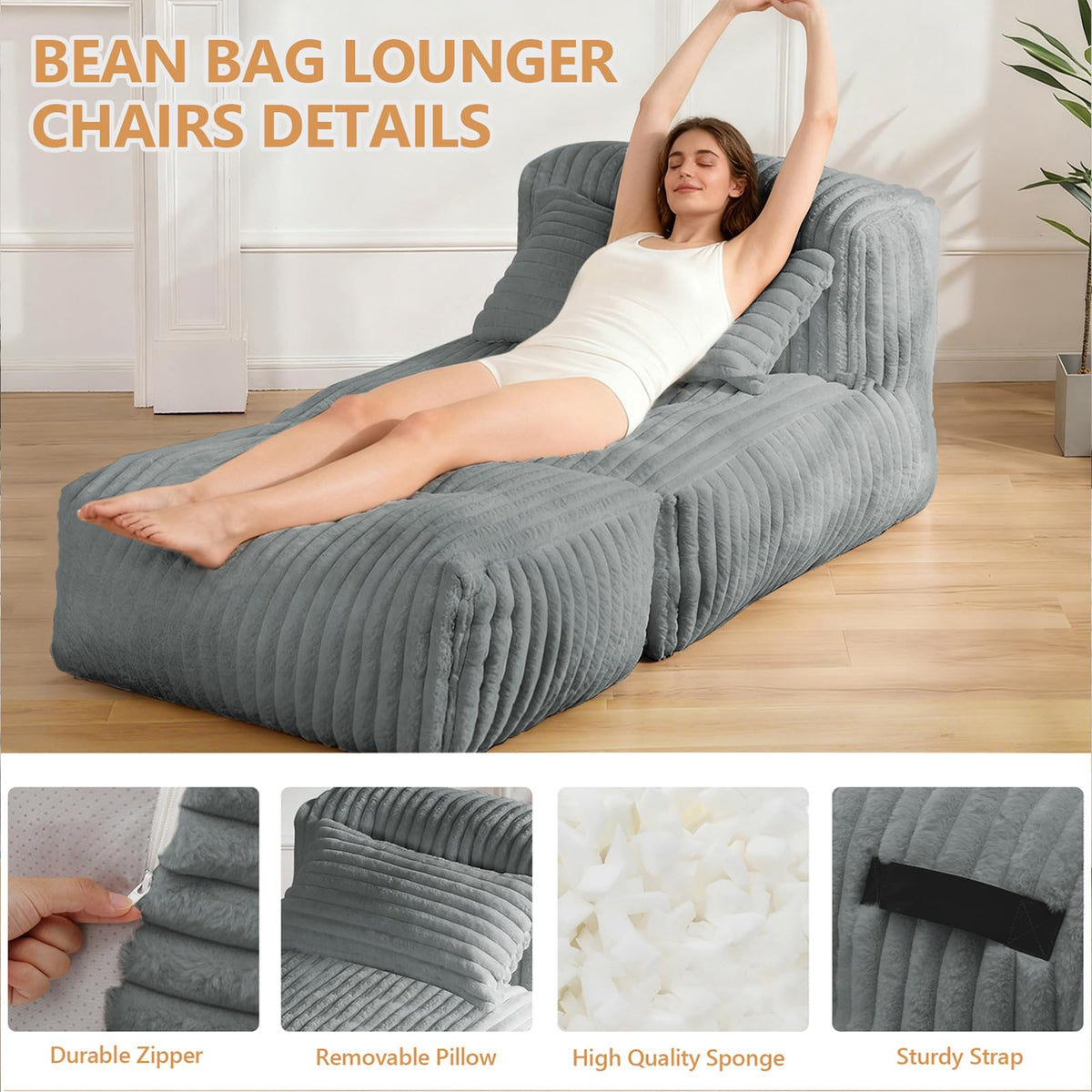 Big Bean Bag Lounger Sofa with Pillow, Large Bean Bag Chairs for Adults, Oversized Beanbag Sofa, Comfy Bean Bag Couch with Memory Foam Filled for Living Room, Bedroom, Gray