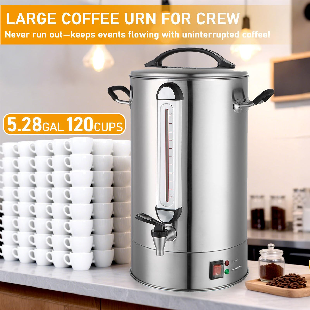 Fattong's Lab Commercial Coffee Urn, 120 Cup/20L Large Coffee Maker for Catering & Events, Stainless Steel Percolator, 1300W Quick Brew Hot Water Dispenser with Double Wall Insulation, Silver