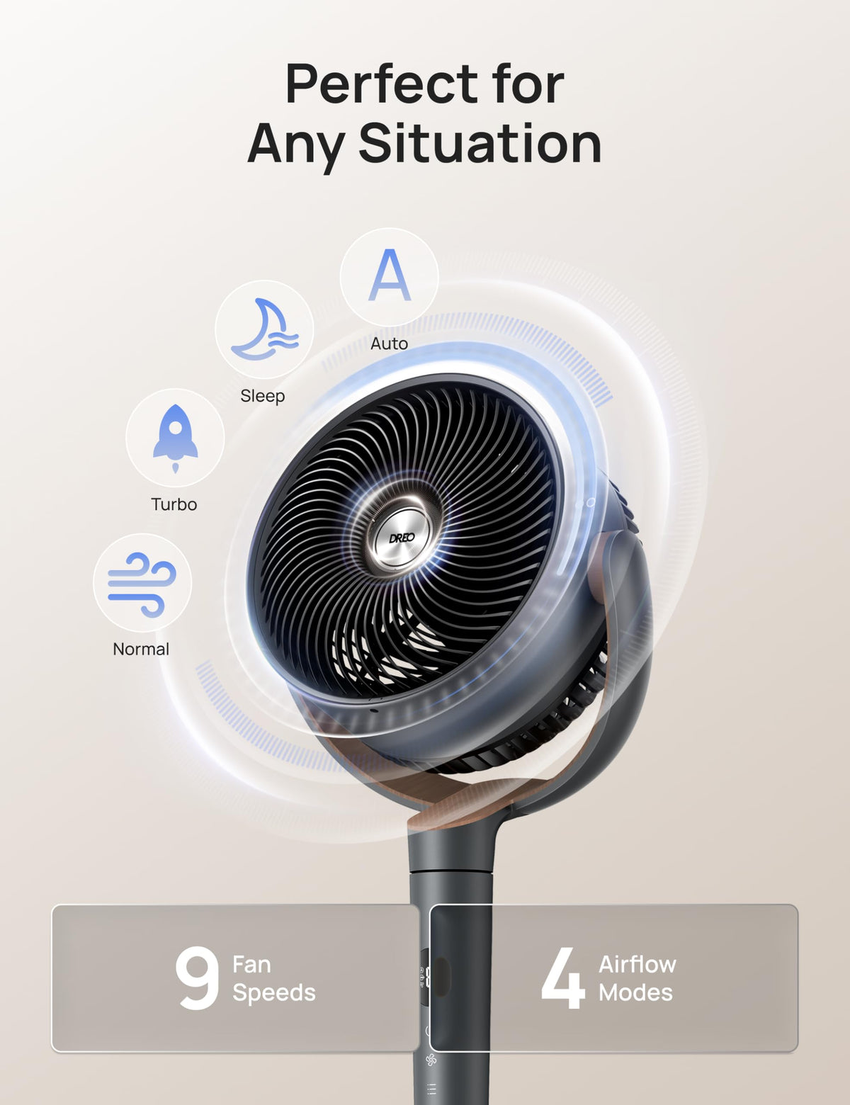 DREO Fan for Bedroom, 120° Oscillating Standing Fans, Quiet Floor Fan with DC Motor, 100ft Pedestal Fans for Room, 9 Speeds, 4 modes, 20dB, 120° Manual Vertical, 37-42" Adjustable Height, 9H Timer