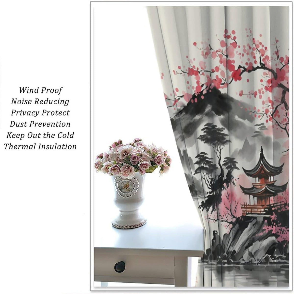 YSWOW Japanese Curtains, Asian Cherry Blossom Landscape Japanese Animation Art Printed Window Drapes for Bedroom Living Room Kitchen Decor Fabric 2 Panel 42x45 Inch 30% Shading Rate