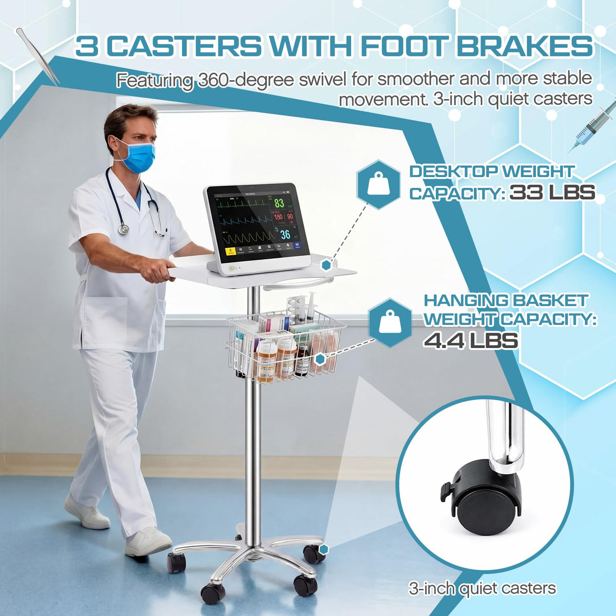 DaisyInner Adjustable Mobile Medical Cart with Wheels, Load up to 33 Lbs, Laptop Rolling Cart with Storage Basket 16.5" x 16.7" Large Tabletop Medical Trolley Workstation for Hospital, Lab Use(Frame)