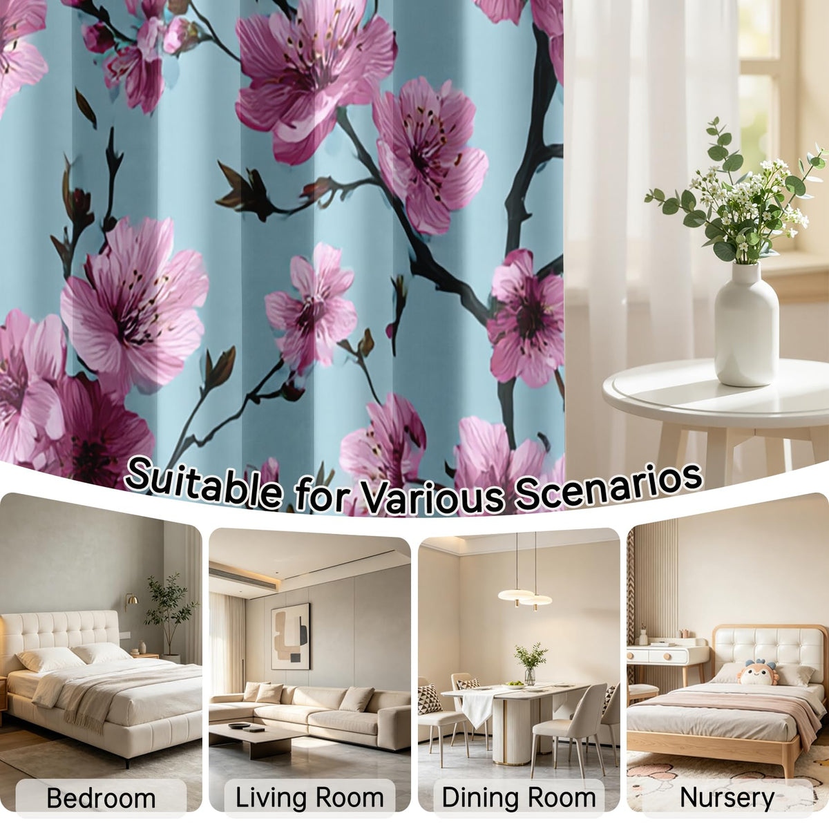 Mistwalk Cherry Blossom Curtains Blackout, 54 Inch Curtains for Bedroom & Living Room, Room Darkening Thermal Insulated Grommet Drapes, Girls Pink and Purple Floral Patterned Window Treatments