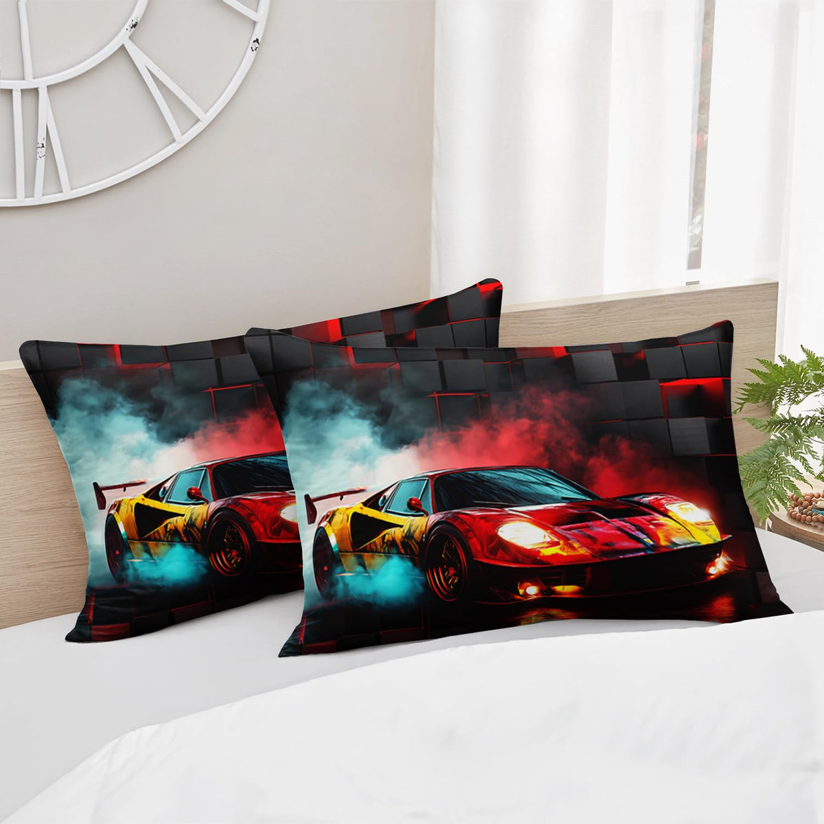 HOSIMA Boys Race Car Twin Fitted Sheet,Black Red Geometric Background Pattern Lightweight Cool Extreme Sports Bedding for Kids Men Car Room Decor,1 Fitted Sheet+2 Pillowcases.