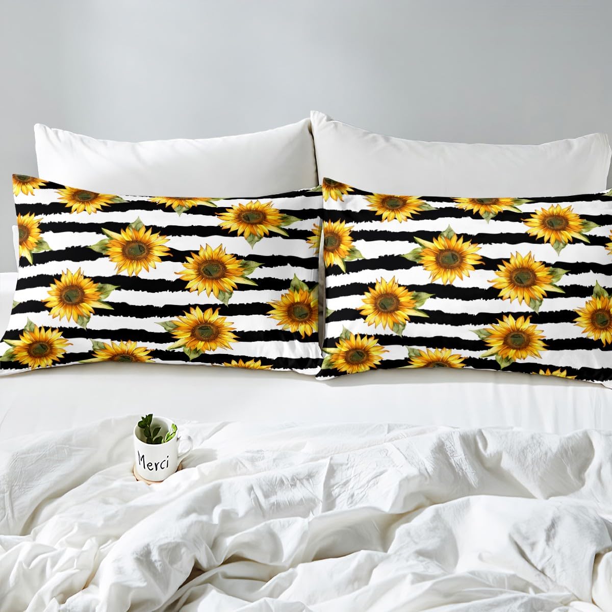 Feelyou Sunflower Fitted Sheet Queen Stripes Pattern Decor Bedding Set Panoramic Printed Adult Teen Kids Bed Sheet Set Garden Theme Bed Cover for Boys Girls Women Plant Decor Soft (No Flat Sheet)