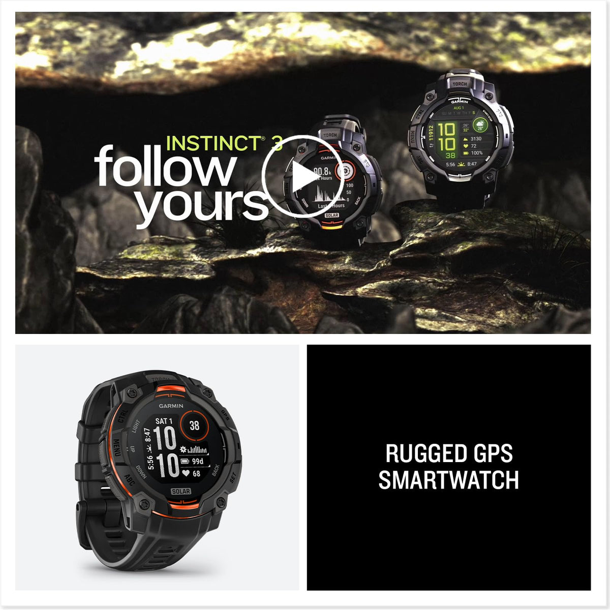 Garmin Instinct® 3 45mm, Solar Charged Display, Rugged Outdoor GPS Smartwatch, Metal-Reinforced Bezel, Built-in Flashlight, Black