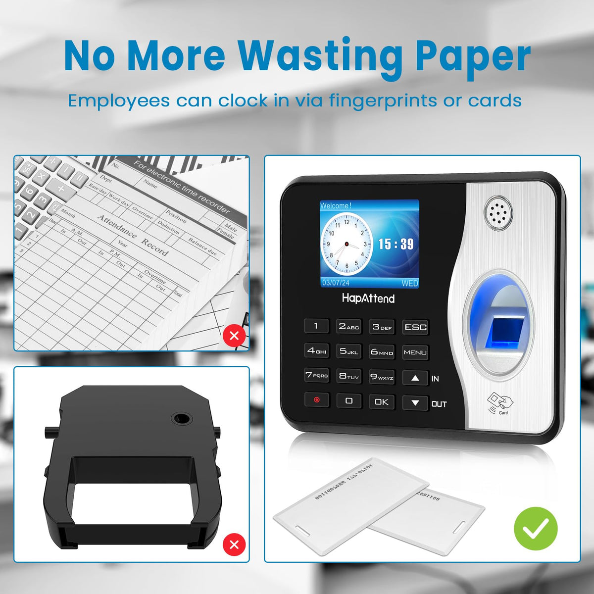HapAttend Time Clock Bundle with 15 RFID Cards, 0 Monthly Fees Standalone Biometric Time Attendance Punch Machine with Fingerprint, RFID and PIN