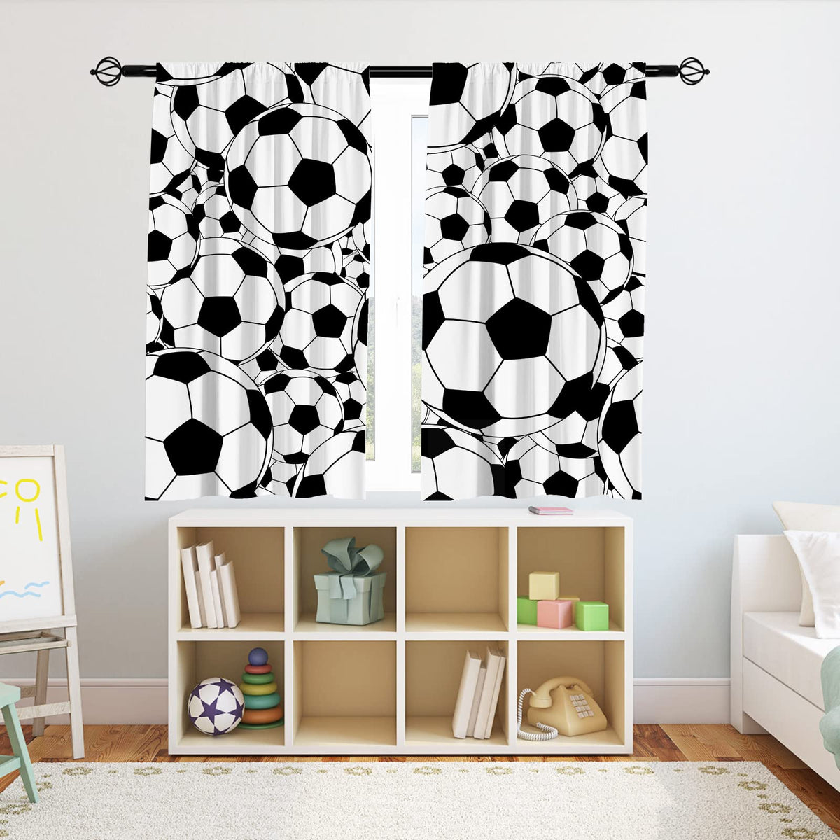 YUANZU Sport Curtains Rod Pocket Boys Kids Soccer Classical White and Black Football Balls Cartoon Print Pattern Window Drapes for Man Teen Nursery Baby Bedroom Playroom W42 x L63 Inch 2 Panels