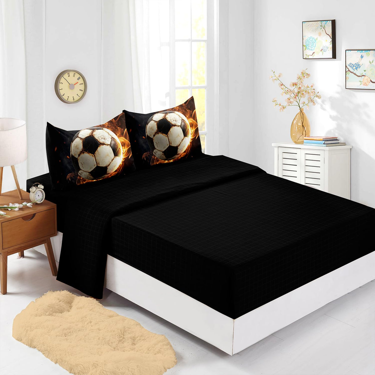 XYNHML Soccer Print Comforter 7Pcs Gaming Sport Flame Soccer Bedding Set for Kid Teen Girl Boy Adult Sports White Black Football Quilt Bed Set Twin with 2 Sheets,2 Pillowcases,2 Throw Pillow Covers