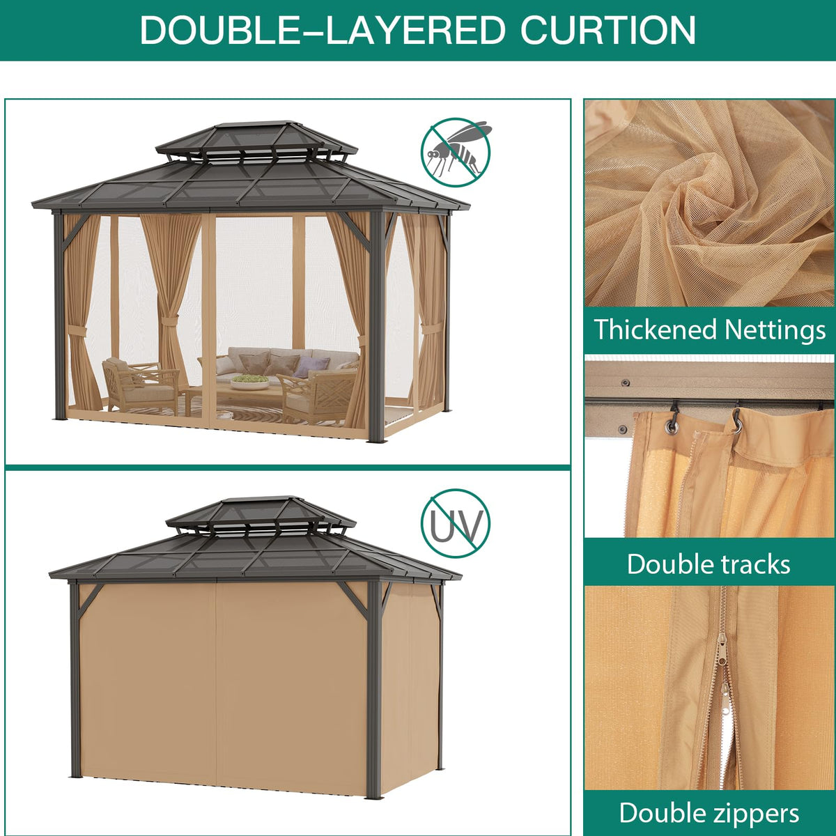 GAOMON 10'x12' Hardtop Gazebo, Outdoor Polycarbonate Double Roof Canopy, Aluminum Frame Permanent Pavilion with Curtains and Netting, Sunshade for Garden, Patio, Lawns
