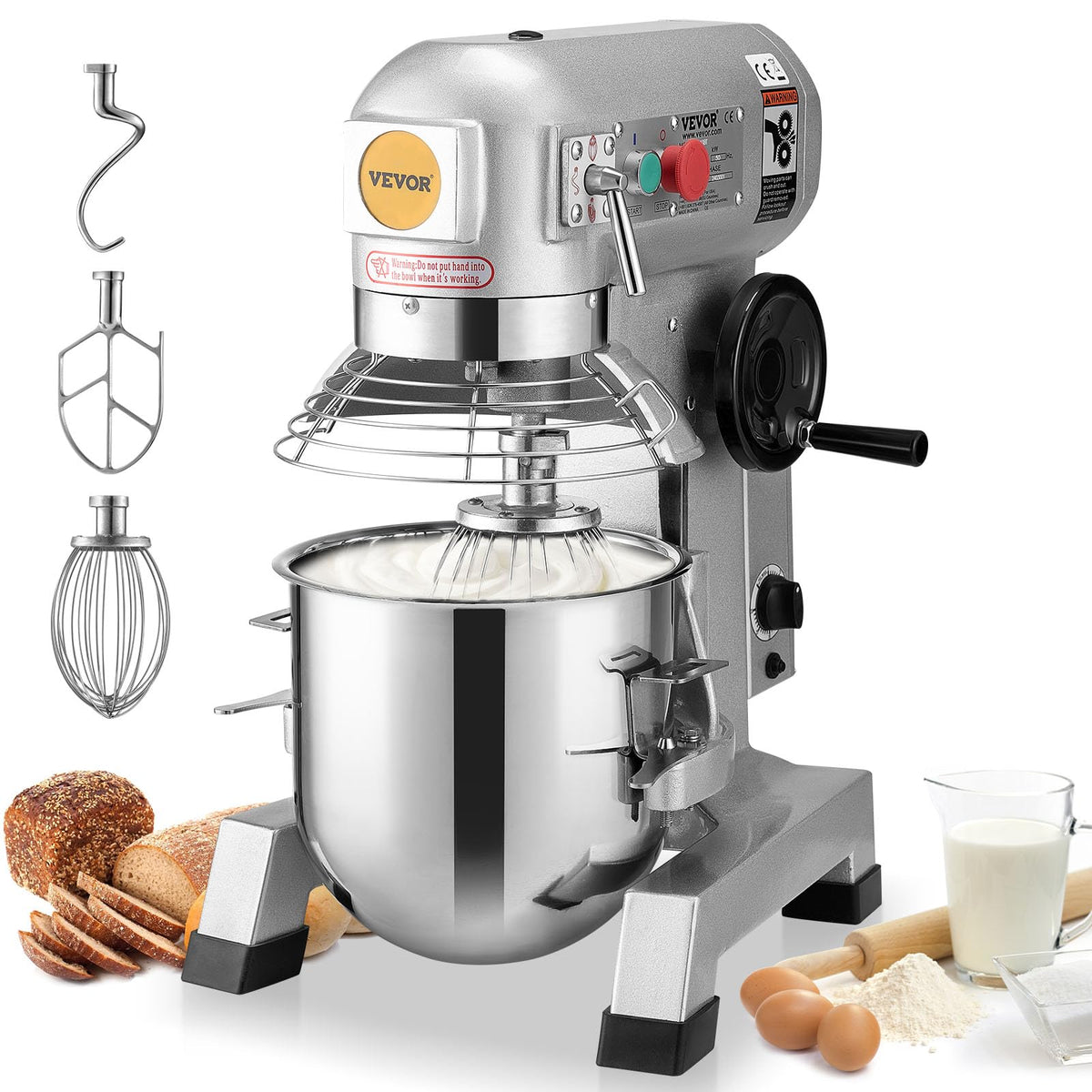 VEVOR Commercial Mixer, Commercial Food Mixer 10Qt Stainless Steel Bowl, 450W Commercial Stand Mixer with 3 Speeds Adjustable, Dough Hook Whisk Beater Included, Perfect for Bakery Pizzeria, Silver