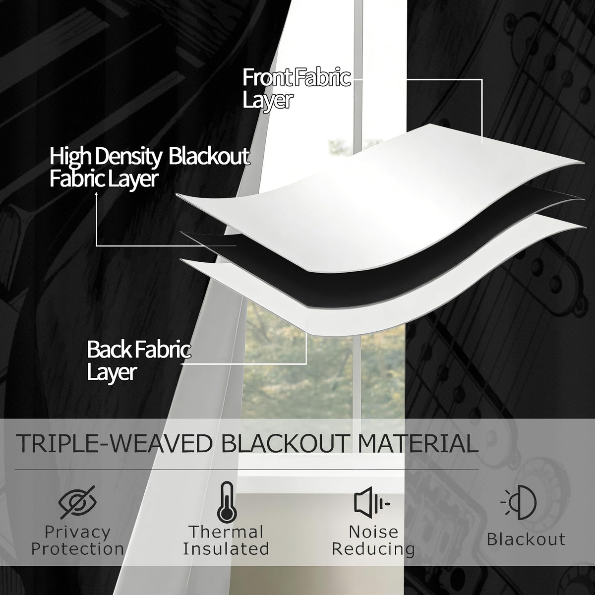 MBVZGUK Black and White Piano Keys Electric Guitar Sketch 63 Inch Curtains 2 Panel Set, Music Instrument Room Darkening Curtains, Musical Art Curtain for Boy Teen Bedroom Decor