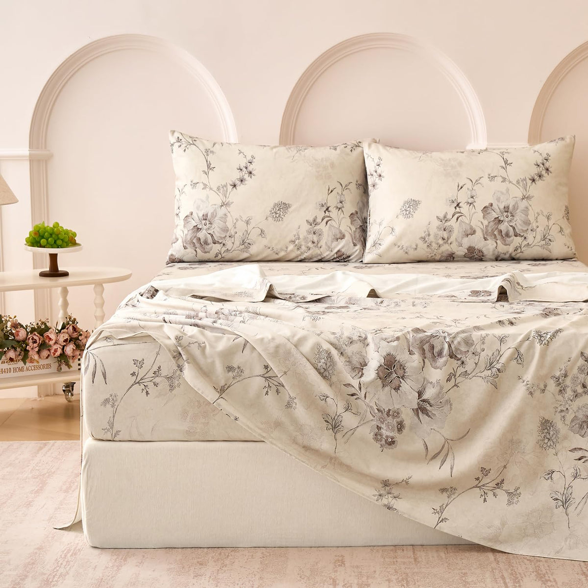 Huborise Beige Queen Sheet Set 100% Cotton Flannel-Like Warm Luxury Peony Toile Floral Bed Sheets 4Pc Deep Pocket 17.5", Double Brushed Extra Soft Breathable, Fall/Winter French Country Bedding