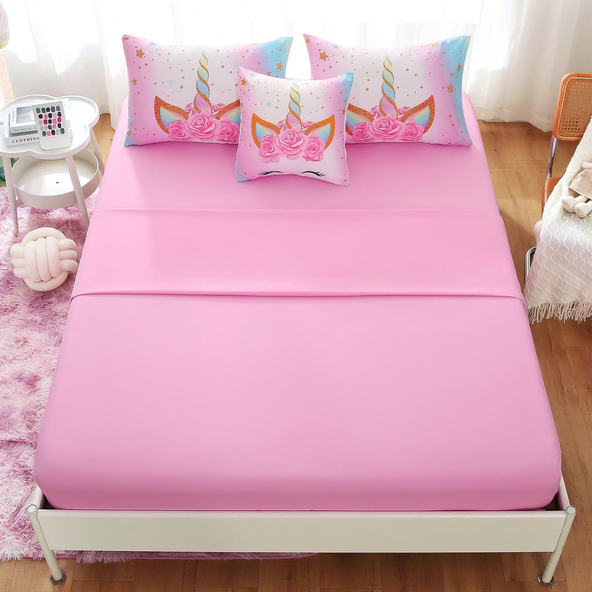 Keyroal 6Pcs Twin Comforter Set with Sheet,Unicorn Flower Bedding Set for Kids,Pink Rainbow Bed in a Bag Bedding for Girls-Smile Unicorn