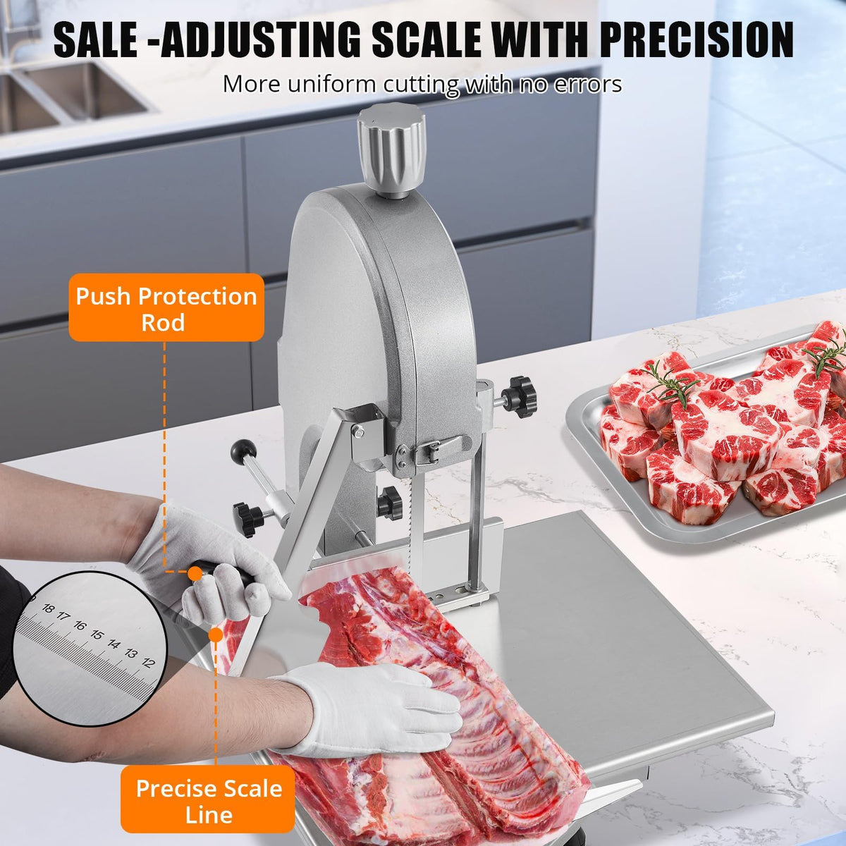 1500W Commercial Electric Bone Saw Machine, Frozen Meat & Bone Cutter with 5 Saw Blades, Adjustable 0.16-7.09 Inch Thickness, 19.3"x15" Stainless Work Table for Butcher Shops, Restaurants, Supermarket