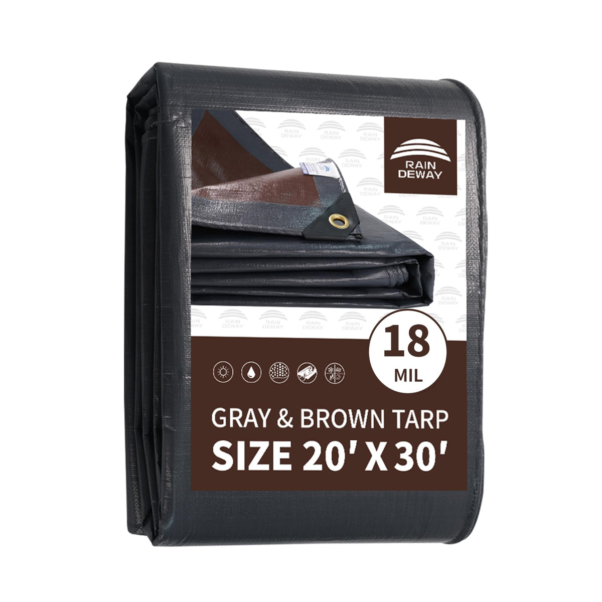 RAINDEWAY 20x30 Feet Super Heavy Duty Tarp 18 Mil, UV Resistant, Weatherproof, Multipurpose Waterproof Poly Tarp with Grommets and Reinforced Edges, Brown/Gray Tarps