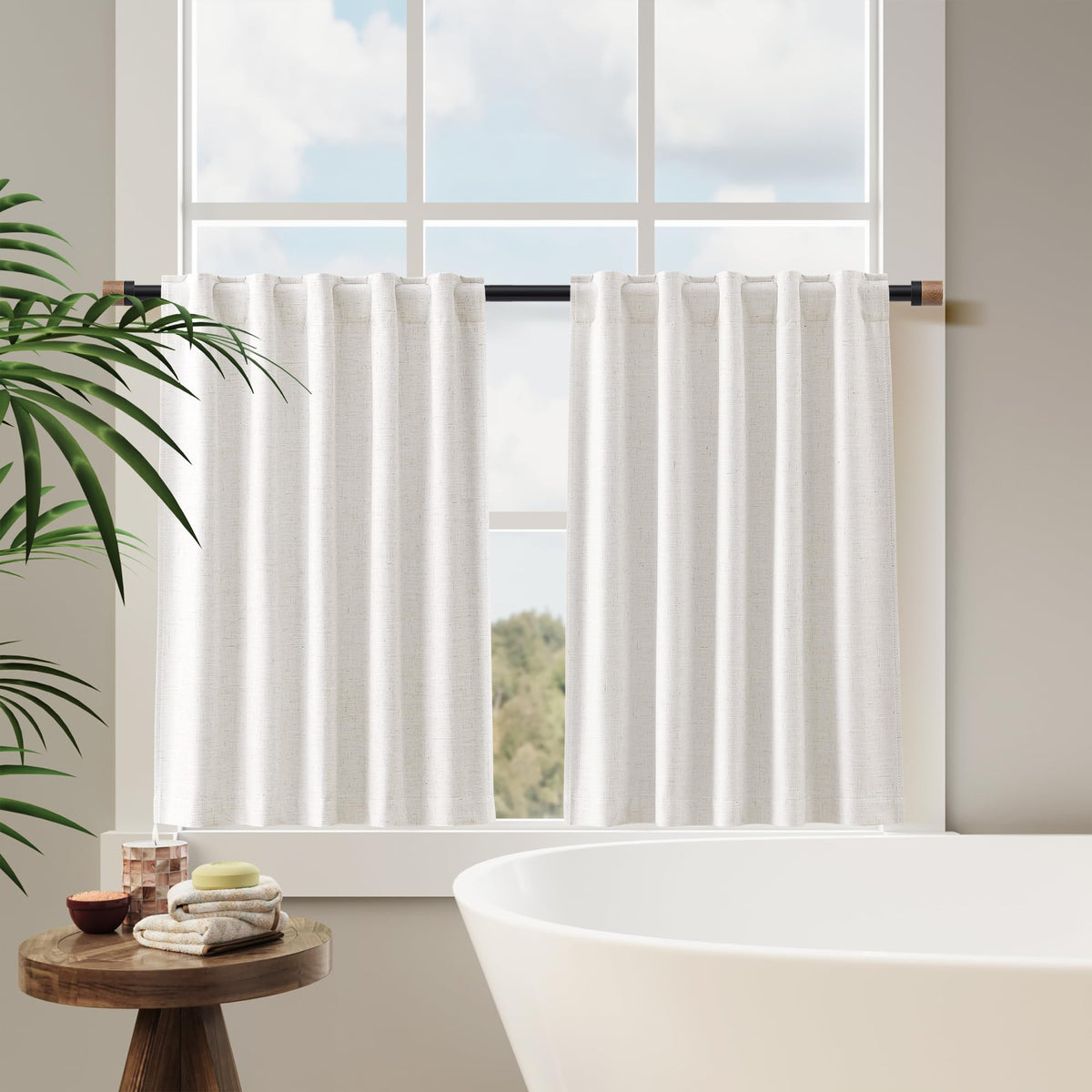 Nanspring 100% Blackout Kitchen Linen Curtains Back Tab Small Drape 36 Inch Length Privacy Natural Elegant Short Black Out Cafe Curtain Tier for Thermal Insulated Bedroom Cabinet Cream Ivory 30x36