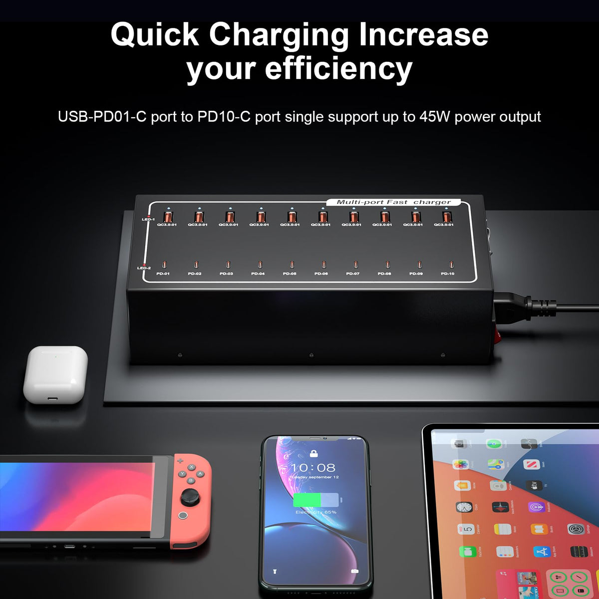 20-Port Fast Charging Station 400W, USB C and USB A Charger Dock with Smart Power Distribution Technology，for Multiple Devices, PD/QC Fast Charging Support
