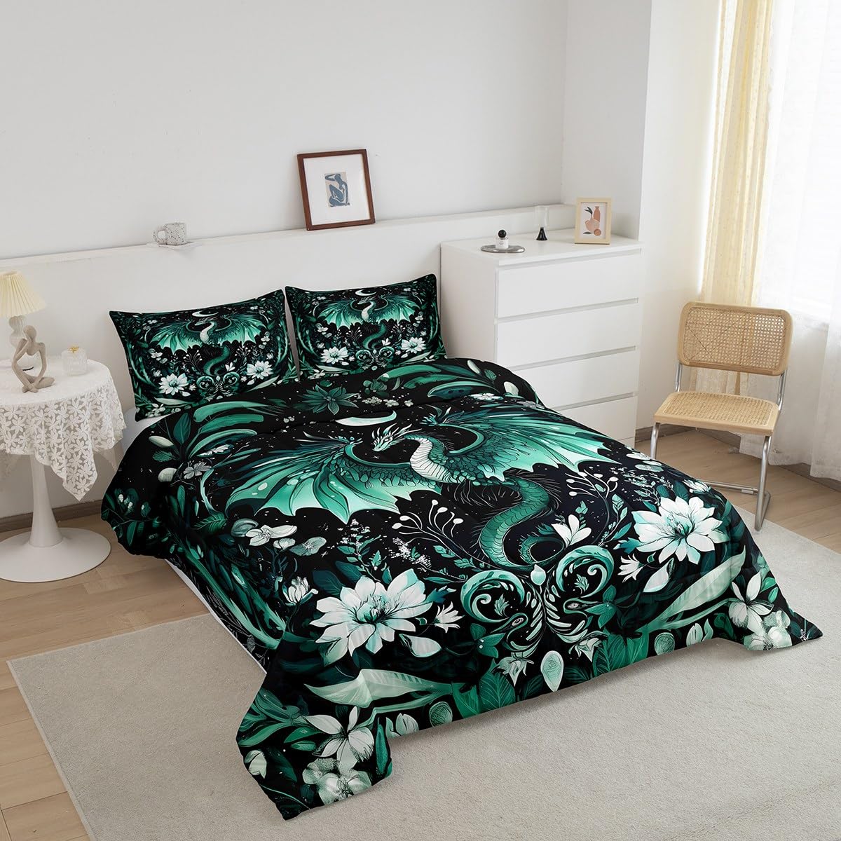 Feelyou Kids Dragon Comforter Set Queen Size, Green Dragon Bedding Set for Kids Boys Girls Boho Duvet Insert Room Decor 3Pcs